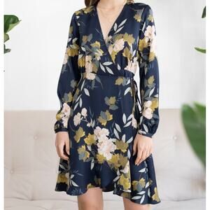 Chicwish Navy Floral Assymetric Wrap Mini Dress - Medium